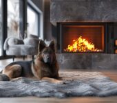 Dog lying on a cozy rug in a modern living room featuring a sleek, durable fireplace.