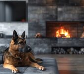 A dog lounging in a cozy living room with a stacked cord of firewood and a glowing fire, creating a warm ambiance.