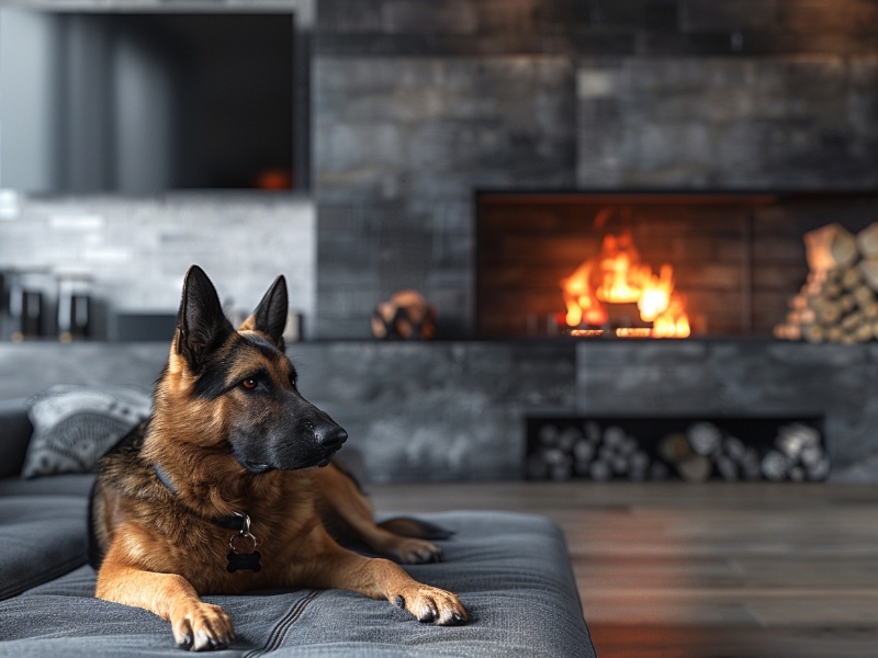 A dog lounging in a cozy living room with a stacked cord of firewood and a glowing fire, creating a warm ambiance.