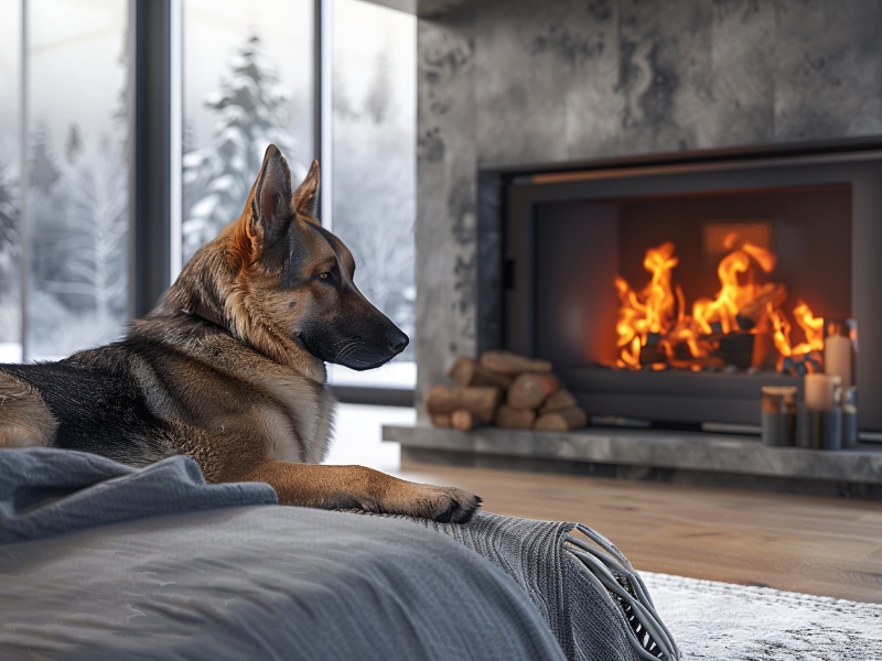 Family member enjoying the warmth of a safe fireplace with safety glass.