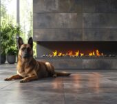 Dog lying in front of a fireplace that has been regularly maintained and cleaned, using our tips for fireplace safety and maintenance.