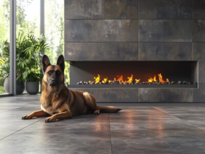 Dog lying in front of a fireplace that has been regularly maintained and cleaned, using our tips for fireplace safety and maintenance.