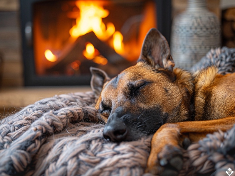 Puppy dog lying in front of wood burning fireplace