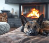 A dog peacefully sleeping near a glowing fireplace, exploring the safety of sleeping by a fire.