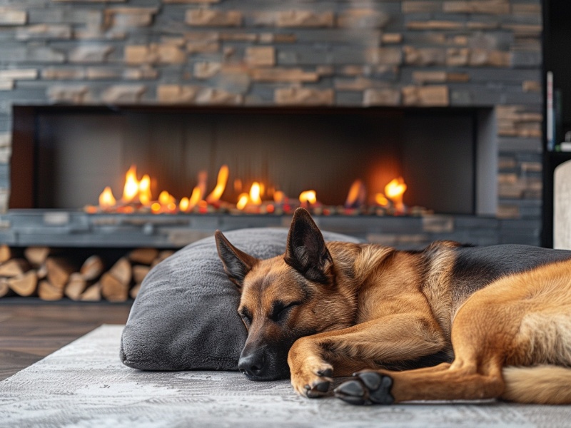 German Shepard laying in front of the fire in a large stone fireplace.