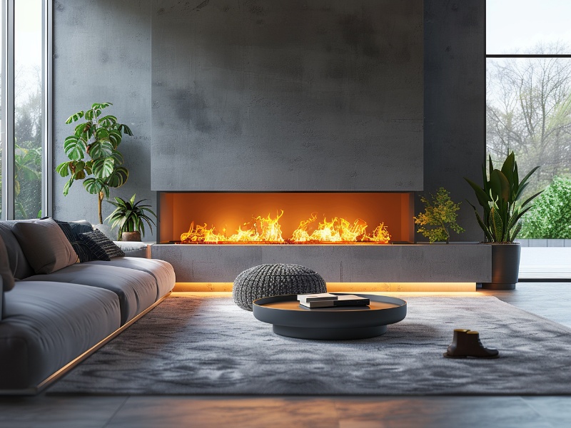 Modern electric fireplace winning over homeowners in a contemporary but cozy living room.