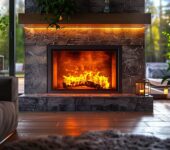 Electric fireplace insert seamlessly blending into a stone mantel for a realistic look.