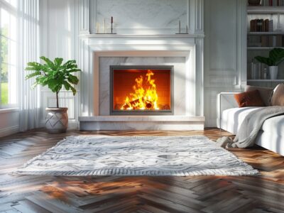 Traditional fireplace with ornate mantel and decorative details in a cozy room setting.