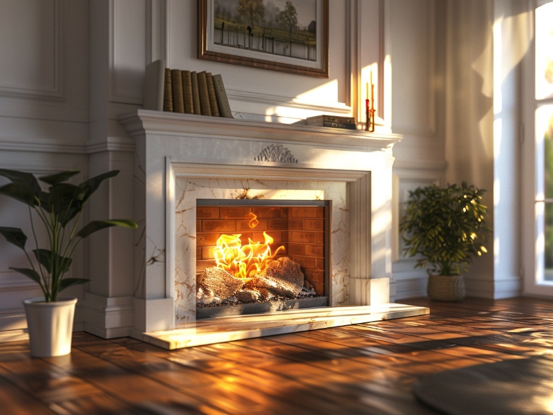 A cozy fireplace burning oak wood, the hottest burning firewood for efficient home heating.