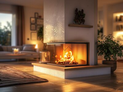 Elegant three-sided fireplace with a modern hearth.