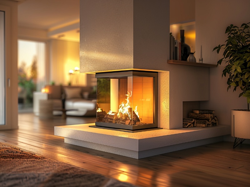 Modern living room with a glowing gas fireplace, emphasizing the benefits of silica sand for natural gas logs.