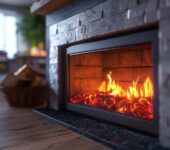 Close-up of glowing embers in a modern fireplace, emphasizing the safety concerns of leaving embers burning overnight before going to bed.