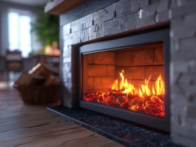 Close-up of glowing embers in a modern fireplace, emphasizing the safety concerns of leaving embers burning overnight before going to bed.