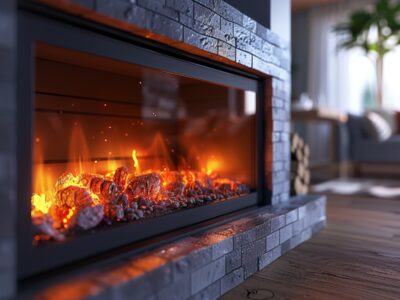 Close-up of safety glass on a fireplace, showcasing its transparent barrier and heat resistance.