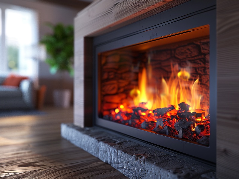 Close-up of a natural gas fireplace insert with glowing flames.