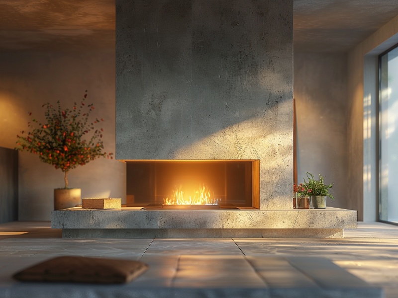 A modern living room with a sleek fireplace emitting a warm glow, surrounded by minimalist decor, soft lighting, and potted plants, creating a serene atmosphere.