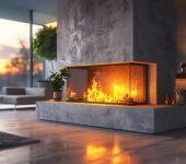 Stylish glass-enclosed fireplace in a cozy home, explaining DIY fireplace service techniques.