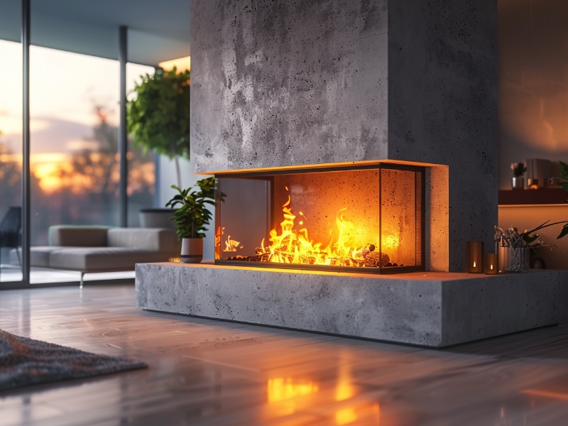 Stylish glass-enclosed fireplace in a cozy home, explaining DIY fireplace service techniques.