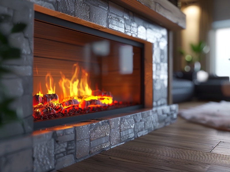 Image of a modern living room with a fireplace featuring self-cleaning glass.