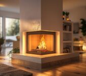 Modern living room with a corner gas fireplace, showcasing key features for buyers.