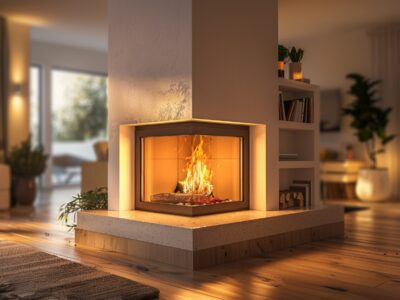 Modern living room with a corner gas fireplace, showcasing key features for buyers.