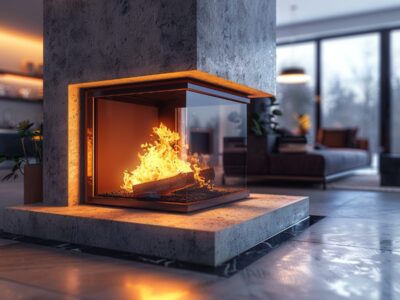 Contemporary three-sided fireplace, highlighting easy propane tank setup for new installations.