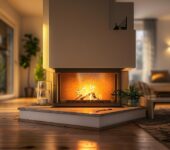 A cozy living room featuring a corner fireplace with a warm, glowing fire. The fireplace is set in a unique angled design with a marble base, complementing the wooden floors and soft lighting. Potted plants, glass lanterns, and a comfortable seating area create an inviting and relaxing atmosphere, with large windows offering a view of the outdoors.