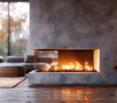 A modern living room featuring a marble fireplace with flames inside, surrounded by soft lighting and cozy furniture, with large windows offering a view of nature outside.