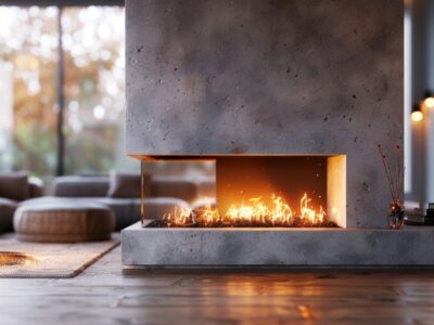 A modern living room featuring a marble fireplace with flames inside, surrounded by soft lighting and cozy furniture, with large windows offering a view of nature outside.