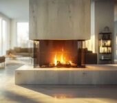 A sleek, contemporary living room featuring a three-sided glass fireplace with a bright flame, set in a minimalist space with clean lines, natural light, and modern decor.