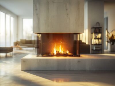 A sleek, contemporary living room featuring a three-sided glass fireplace with a bright flame, set in a minimalist space with clean lines, natural light, and modern decor.