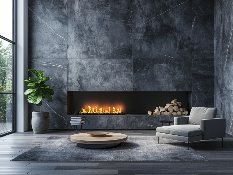 Sleek electric fireplace in a modern living room.