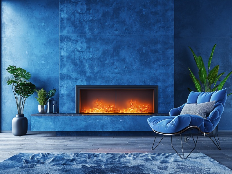 A sleek firebox in a modern living room.