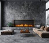 Wall-mounted electric fireplace with a sleek, minimalist frame in a contemporary living space.