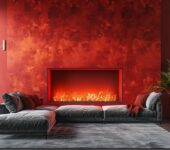 Modern living room with a striking recessed fireplace set against a bold red wall, showcasing its design elegance.