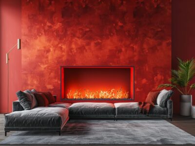 Modern living room with a striking recessed fireplace set against a bold red wall, showcasing its design elegance.