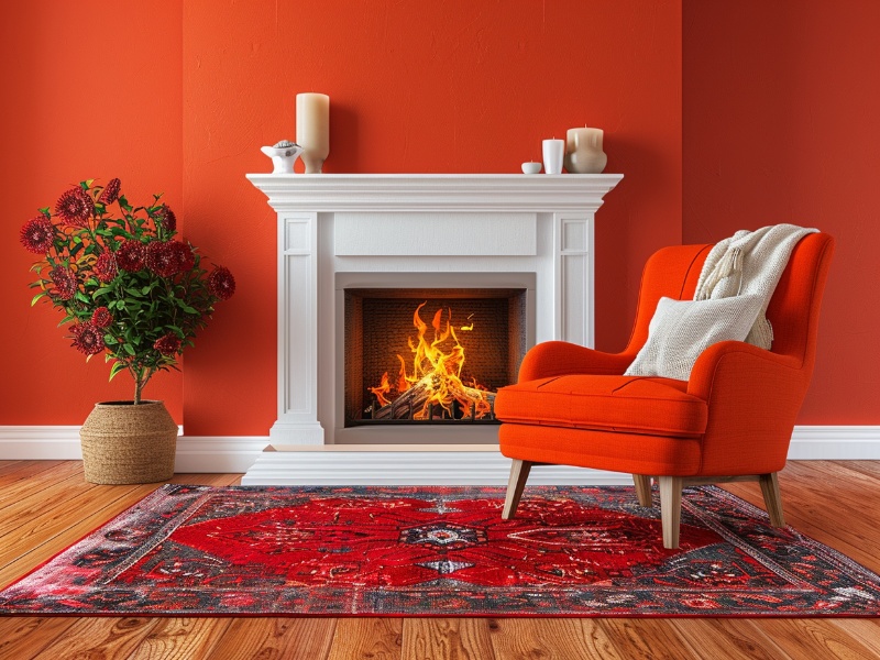 Ventless Gas Log Set in white mantel surround with reddish-orange wall.