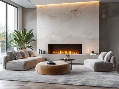 Modern living room with a sleek gas fireplace, discussing how to read fuel indicators.