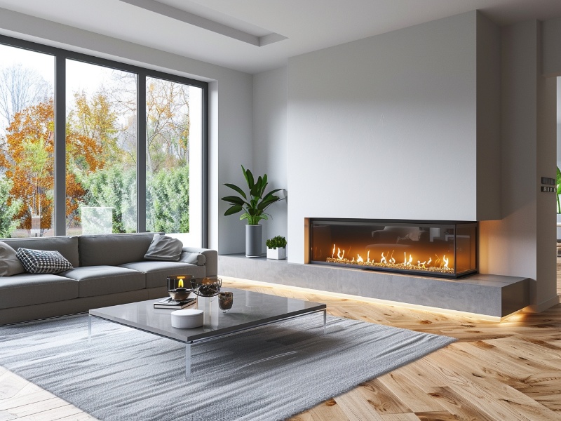 A modern living room with a recessed electric fireplace installed in the wall.