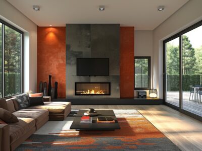 A modern living room with a gas fireplace set against a bold orange accent wall, filled with natural light.