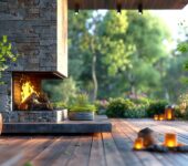 Modern gas fireplace in an elegant outdoor setting.