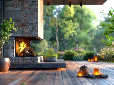 Modern gas fireplace in an elegant outdoor setting.