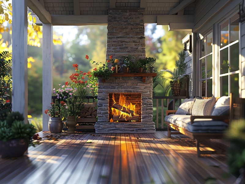 Eco-friendly burning of wood instead of cardboard in an outdoor fireplace.