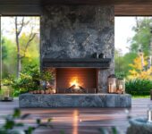 A luxurious outdoor space featuring a stone gas fireplace with a warm flame, surrounded by lush greenery and natural wood decking, with lanterns and firewood for a cozy ambiance.