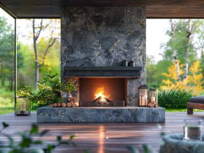 A luxurious outdoor space featuring a stone gas fireplace with a warm flame, surrounded by lush greenery and natural wood decking, with lanterns and firewood for a cozy ambiance.