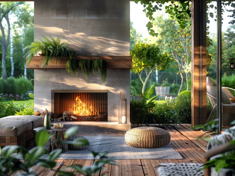 Outdoor fireplace surrounded by a thriving garden, utilizing fireplace ash to help it grow.
