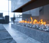 Modern, ventless fireplace with sleek stone design and decorative pebbles, featuring a clean flame in a contemporary living room.