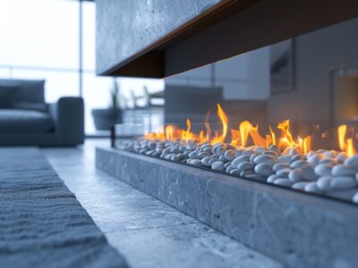 Modern, ventless fireplace with sleek stone design and decorative pebbles, featuring a clean flame in a contemporary living room.