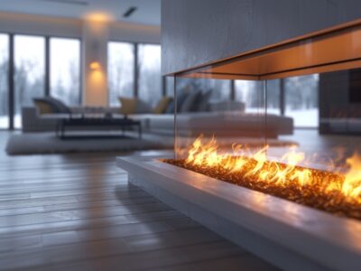Photo of a modern electric fireplace in a cozy living room setting, showing an odor-free alternative to traditional wood-burning fireplaces.