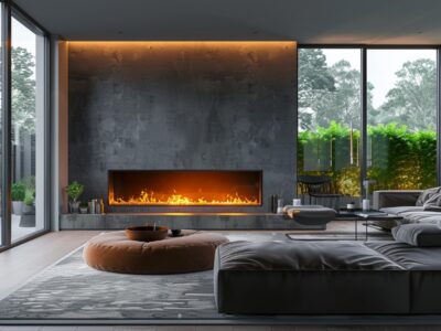 Updated living room featuring a modern, renovated fireplace as the focal point.